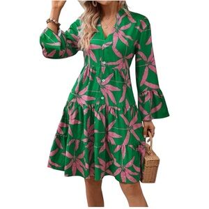 Green and Pink Floral Women's Dress